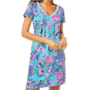 Lilly Pulitzer Etta Dress Blue Horizon Jungle Sunrise Pima Cotton‎ Women Sz-XS